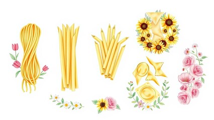 Watercolor Pasta Assortment with Flowers Spaghetti Penne Farfalle Ravioli