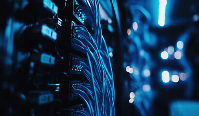 Detailed presentation of fiber optic cables neatly arranged for optimal network management in a technology environment, with blue lighting