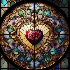 a stained glass window with a heart and rose design.