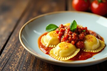 Ravioli on wooden table with red ragout sauce, ragout sauce, utensils