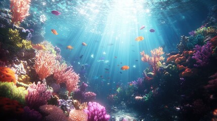 Fototapeta premium A vibrant coral reef underwater, with tropical fish and radiant sunlight filtering through the clear water, creating an enchanting scene