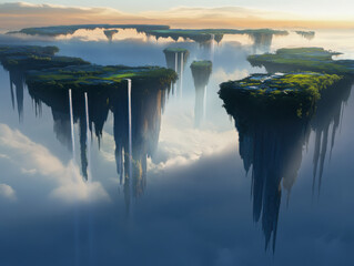 Floating islands with waterfalls over clouds at sunset in fantasy world