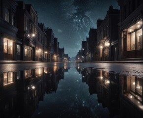 Reflections of a city street at night with starry sky above, blending light and darkness,  urban night, night scene
