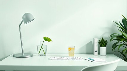 Minimalist Home Office Desk Setup Plants Lamp Keyboard Drink