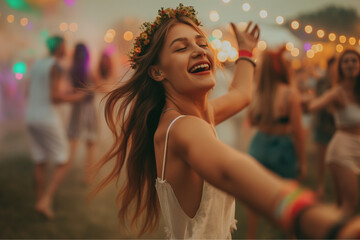Obraz premium Young woman dancing joyfully at an outdoor festival, wearing a floral headband and bohemian-style outfit, surrounded by string lights, music, and a lively crowd, radiating happiness and freedom