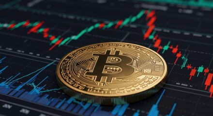 Bitcoin coin on stock market chart indicating trading trends. Generative AI