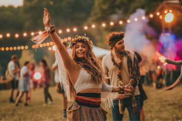 Young woman dancing joyfully at an outdoor festival, wearing a bohemian outfit and a floral headband, with string lights and people enjoying the event in the background, creating a warm and festive at