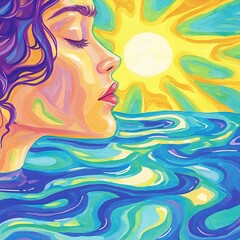 A colorful portrait of a woman near the sunny ocean water