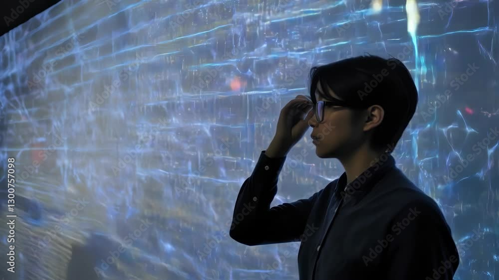 Poster engineer observes data displayed on large interactive screens, potentially monitoring network activi