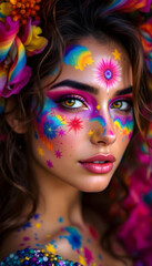 Naklejka premium Cara de mujer maquillada con colores vivos y brillantes para carnaval