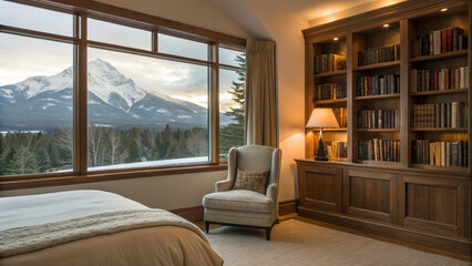 Luxurious bedroom with built in bookshelf and mountain view, creating serene atmosphere