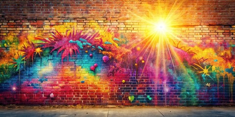 Vibrant graffiti art splashes across a weathered brick wall with soft pink hues, as morning sunlight casts a warm glow on the urban landscape , colorful graffiti, brick wall