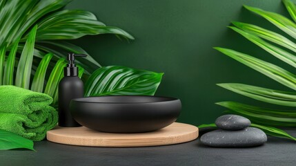 Spa setup with black bowl, stones, towels, and green plants on dark stone background.