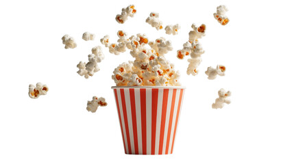Popcorn overflowing from a striped container isolated on transparent background, PNG