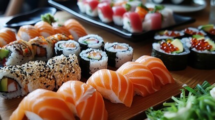 Delicious Assorted Sushi Platter with Fresh Salmon Nigiri