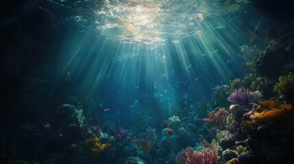 Fototapeta premium An underwater paradise of vibrant coral reefs, tropical fish, and shimmering rays of sunlight breaking through the water above