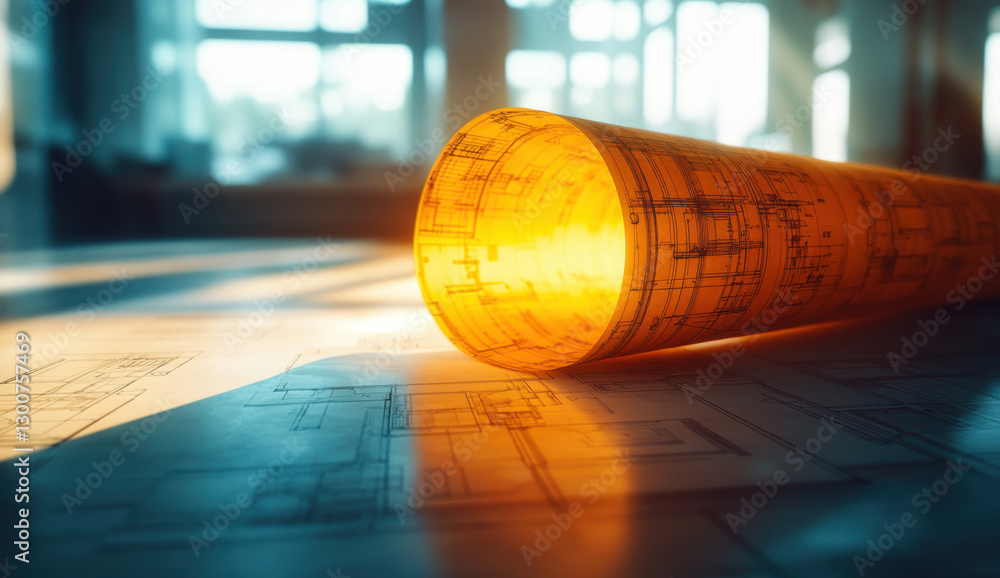 Poster orange blueprint highlights architectural details while illuminated by natural light in a modern wor