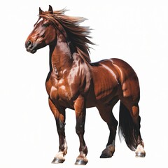 Majestic Chestnut Horse with Flowing Mane Isolated on White Background.