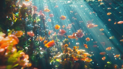 An underwater wonderland featuring a vibrant coral reef filled with colorful fish and sunlight beams creating a serene glowing effect