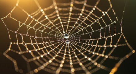Obraz premium Dewdrops glisten on a delicate spider web at dawn. Generative AI
