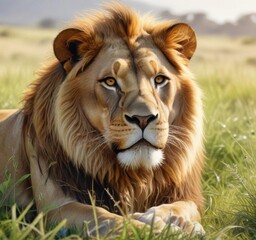 Obraz premium Safari animal watercolor illustration of a lion lying in the grass, wildlife art, animals, nursery decor