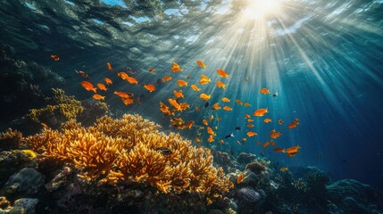Obraz premium A breathtaking coral reef filled with vibrant fish, glowing coral formations, and sunlight rays dancing through the water