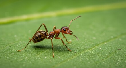 Close-up of an ant walking on a green leaf. Generative AI