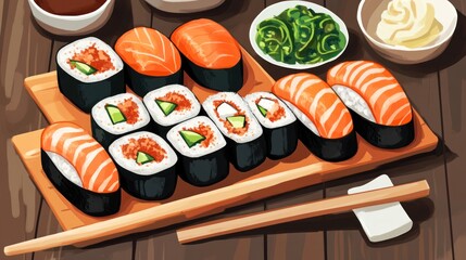 Vibrant Digital Illustration of Sushi Platter with Salmon Nigiri