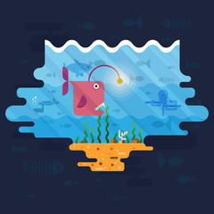 Underwater scene featuring a colorful fish with a light lure swimming near a coral reef