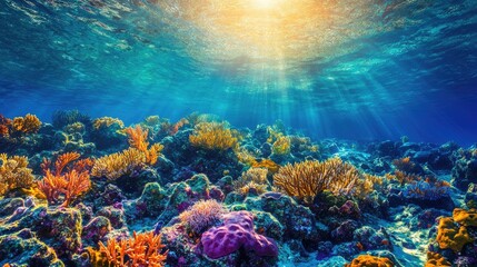 Fototapeta premium A colorful coral reef scene filled with glowing sunlight, vibrant marine life, and intricate coral formations in crystal-clear water