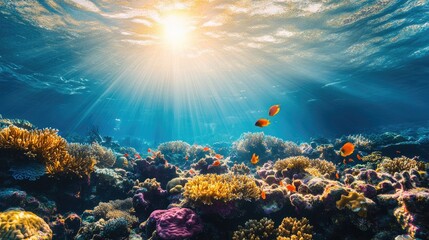 Fototapeta premium A colorful coral reef scene filled with glowing sunlight, vibrant marine life, and intricate coral formations in crystal-clear water