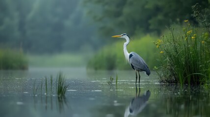 Obraz premium Grey Heron in Misty Wetlands: Reflection in Calm Water