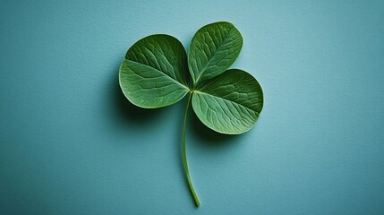 A serene and minimalist image of a green leaf on a pastel blue background, perfect for St. Patrick's Day, nature-themed designs, and calming decor.