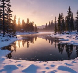 Fototapeta premium Snowflakes fall gently on a frozen lake at sunset, surrounded by evergreen trees and twinkling lights, Christmas decorations, frozen water