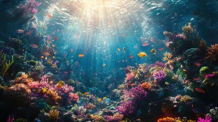 Fototapeta premium A colorful underwater scene with a thriving coral reef, schools of fish, and shimmering sunlight breaking through the water's surface