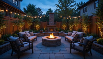 A cozy backyard setting with a fire pit and string lights creates a welcoming atmosphere for gatherings, perfect for home and garden inspiration or outdoor furniture marketing.