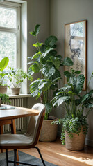 Fototapeta premium A large plant is sitting in a pot on a table in front of a window. The plant is surrounded by other plants in various pots, creating a lush and vibrant atmosphere.