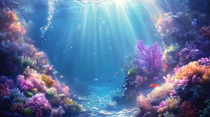Obraz premium A coral reef alive with marine life, vibrant coral, and shimmering sunlight streaming through the clear ocean water above