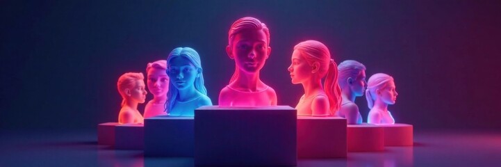 Glowing avatar profiles stacked on a pedestal, neon, digital avatars