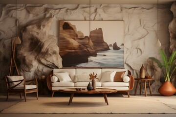 Modern living room with poster frame and sofa. Home interior with ethnic hobo decoration, 