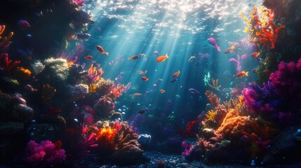 Fototapeta premium A dynamic underwater shot of a coral reef alive with colorful marine life, with sunlight beams adding a magical glow to the scene