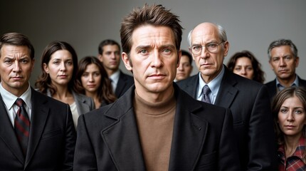 Obraz premium A group of people are standing in a line, with one man in the middle of the group.