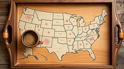 USA Map Tray with Coffee Independence Day Travel