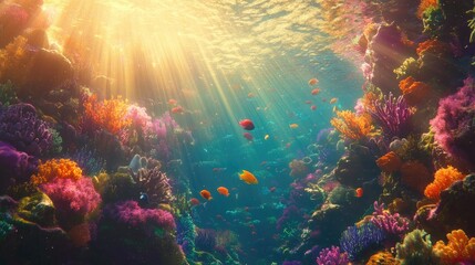 Fototapeta premium A lively coral reef underwater, featuring colorful marine life and golden sunlight filtering through the clear blue ocean above