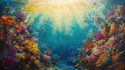 Fototapeta premium A lively coral reef underwater, featuring colorful marine life and golden sunlight filtering through the clear blue ocean above