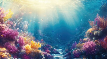Fototapeta premium A lively coral reef underwater, featuring colorful marine life and golden sunlight filtering through the clear blue ocean above