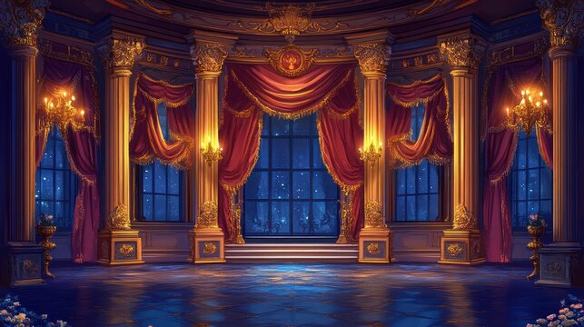 Grand ballroom at night, elegant interior with gold columns, red curtains, and windows overlooking a starry night.