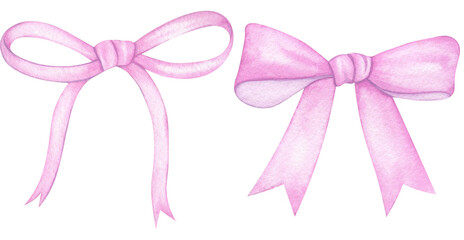 pink ribbon bow.Two beautiful delicate lilac-pink watercolor bows.Watercolor illustration of decorative bows.Handmade watercolor on paper For wedding invitation, textile, scrapbooking paper, fashion, 