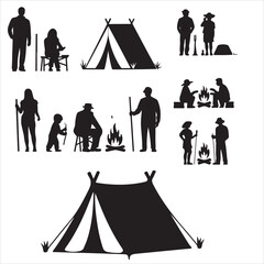 set of vector camping tent, tent icon, camping silhouettes collection, People camping scene, Landscape - camping in mountains silhouettes © Abdur Razzak ID: #52