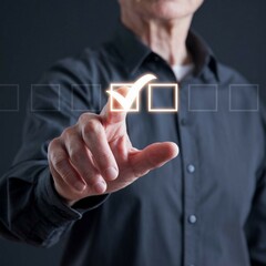Businessman using electronic pen to tick correct sign mark in online document checklist for quality control assurance of ISO concept.
